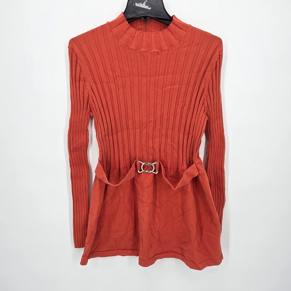 Ribbed Sweater‎ Dress Mock Neck Y2K REQUIREMENTS Belted Rust Orange XL